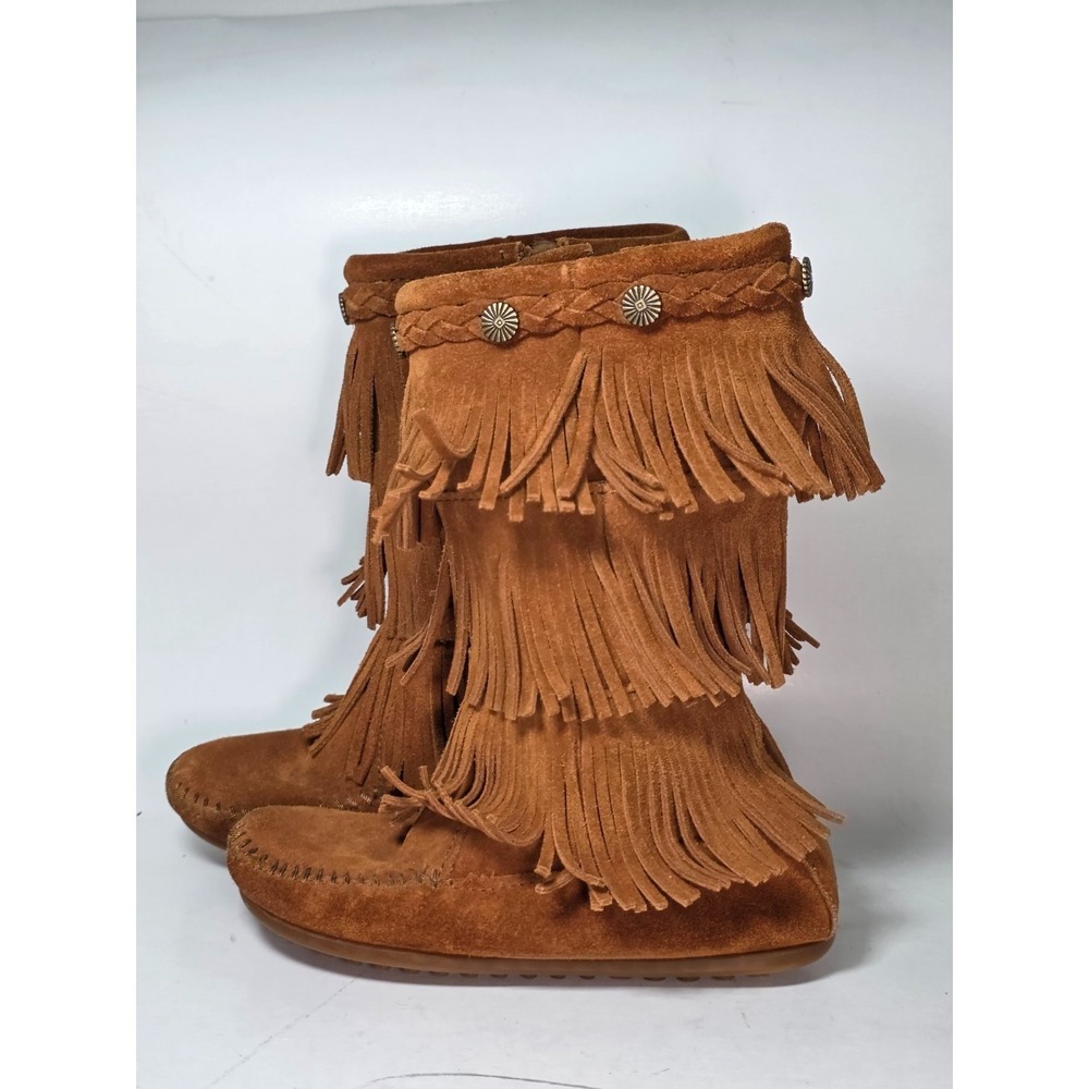 Minnetonka‎ Three Layer Fringe Boots Girls Size 1 Brown Suede Mid Calf Western